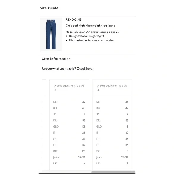Re/Done Jeans Indigo Cropped Straight Legs/ S 26
